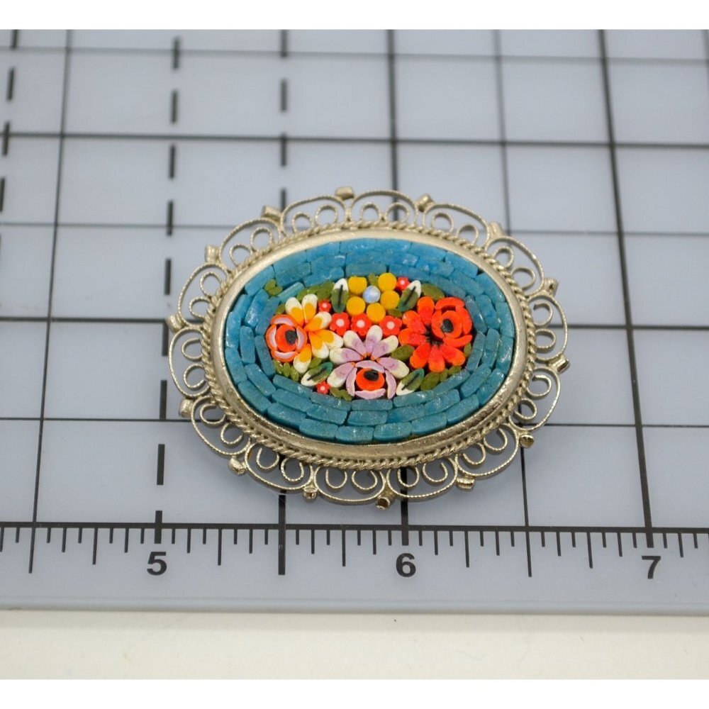 Millefiori Italian Micro Mosaic Pin Brooch  Oval Filigree Floral Design … - Picture 5 of 5
